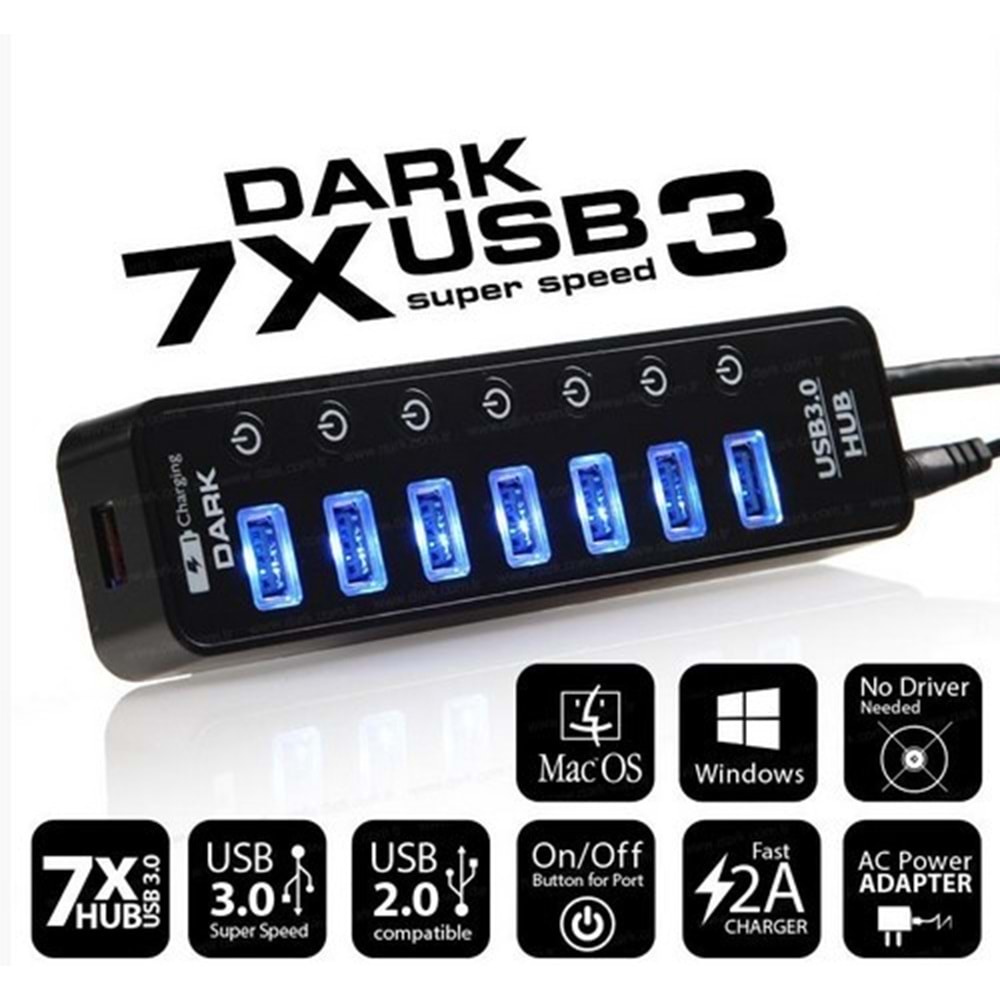Dark Connect Master 7 Port USB 3.0 + 1 port 2A USB Hızlı Şarj Çıkışlı Adaptörlü USB Hub (DK-AC-USB371)