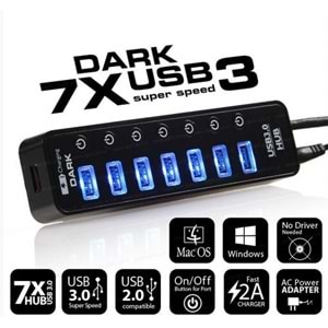 Dark Connect Master 7 Port USB 3.0 + 1 port 2A USB Hızlı Şarj Çıkışlı Adaptörlü USB Hub (DK-AC-USB371)