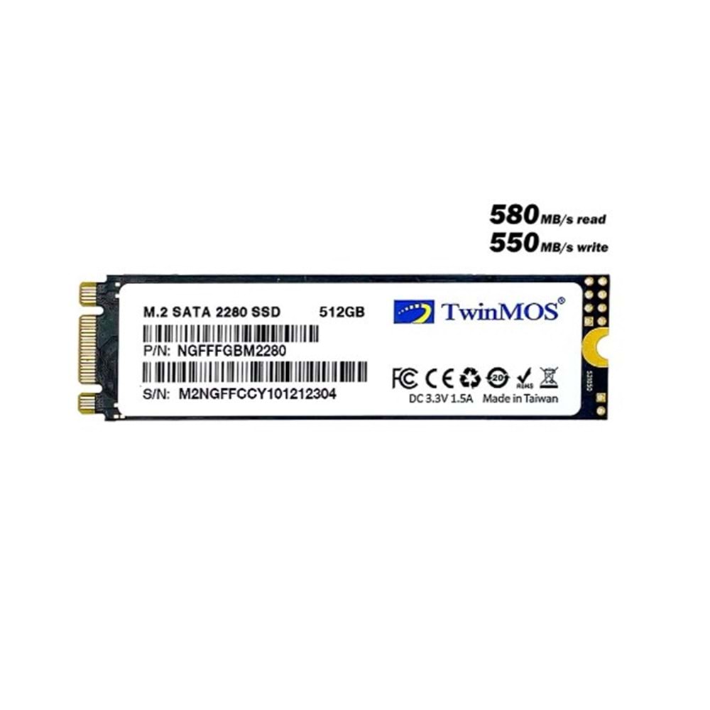 Twinmos 512GB M.2 Disk 2280 SATA3 SSD Disk 580Mb-550Mbs 3DNAND NGFFFGBM2280