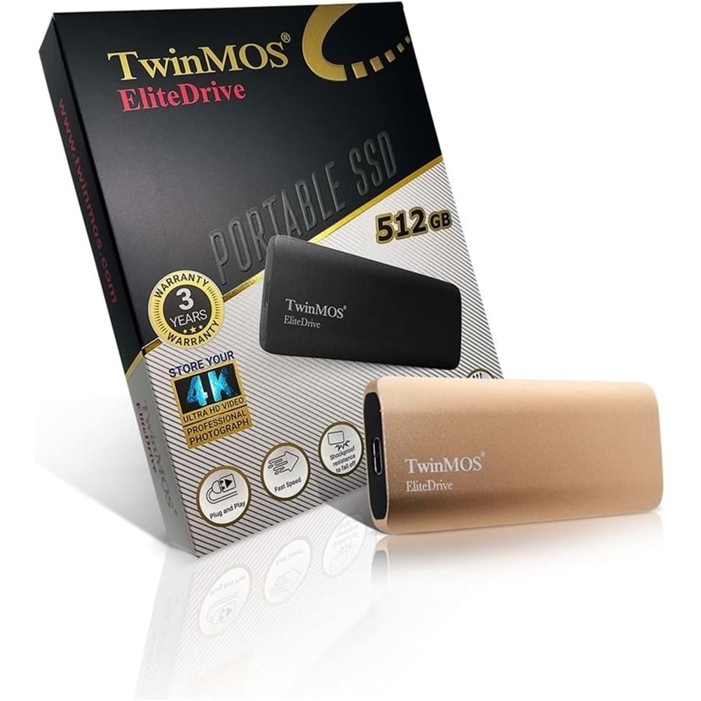 Twinmos 512GB Taşınabilir External SSD USB 3.2 Type-C Gold PSSDFGBMED32-G