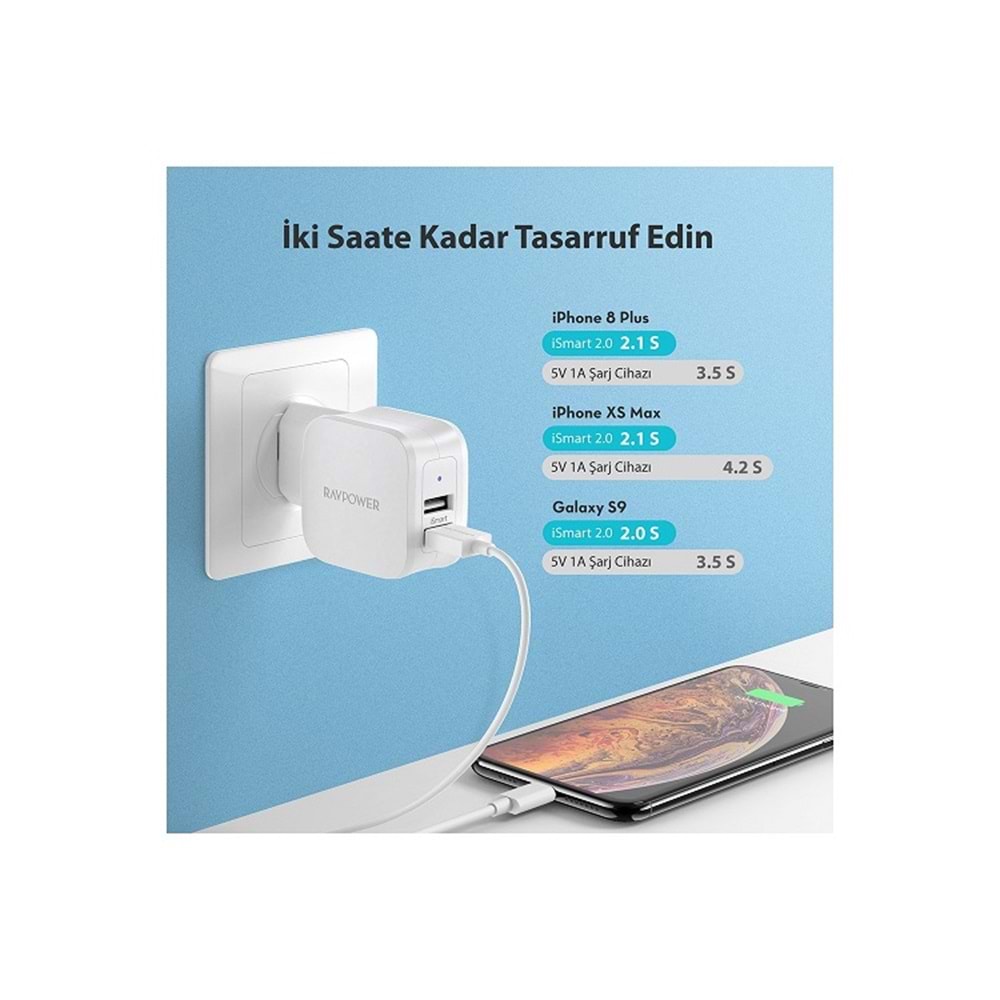 RAVPOWER Duvar tipi 17W Dual Port Notebook Sarji Beyaz RP-PC121-WHT