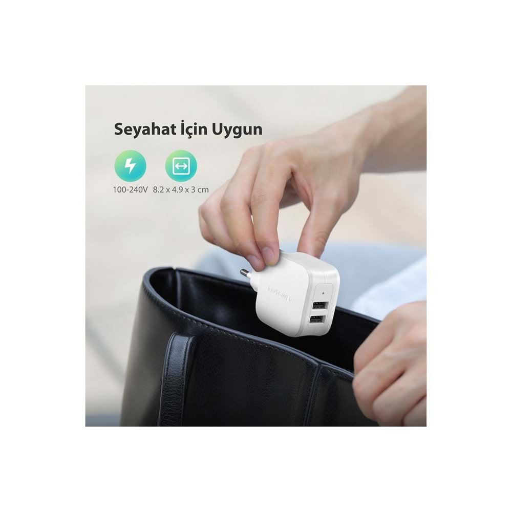 RAVPOWER Duvar tipi 17W Dual Port Notebook Sarji Beyaz RP-PC121-WHT