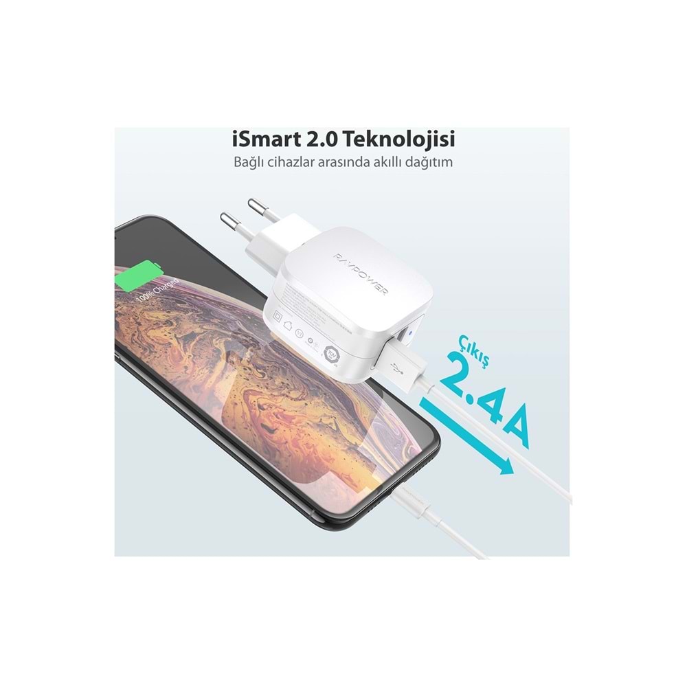 RAVPOWER Duvar tipi 17W Dual Port Notebook Sarji Beyaz RP-PC121-WHT